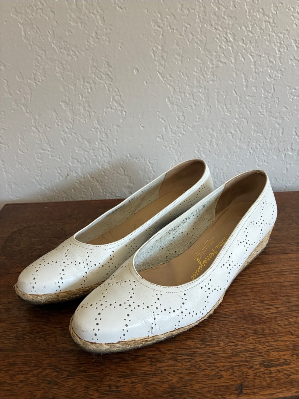 Salvatore Ferragamo White Perforated Espadrille Wedges 7 1/2 B